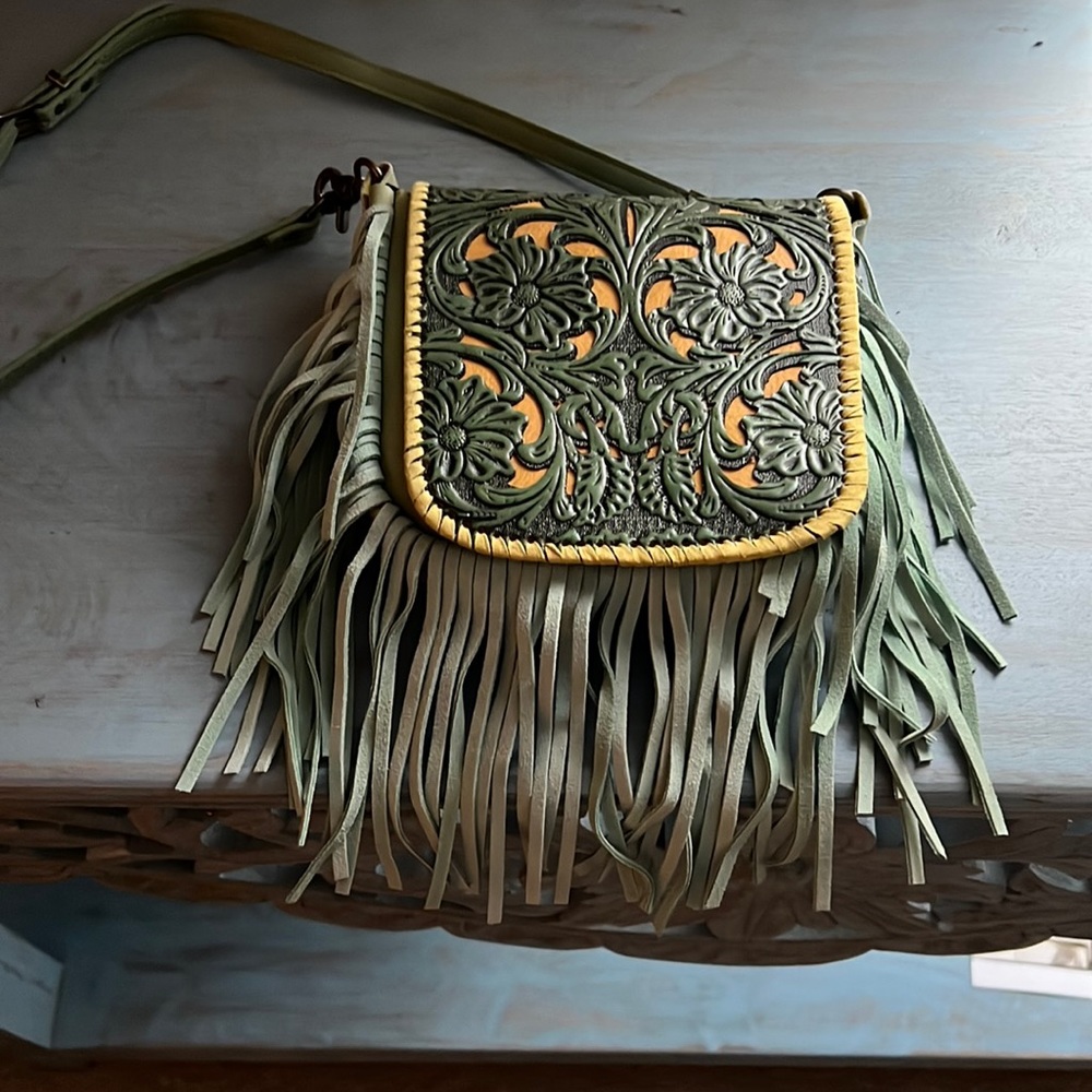 New Montana west hand tooled fringed leather green crossbody handbag
